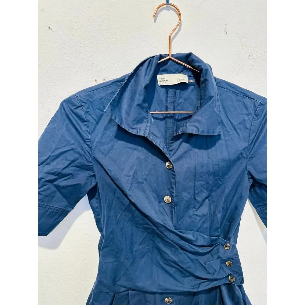 TORY BURCH Dark Blue 100% Cotton A-Line Short Sleeve Wrap Shirtdress Size 0